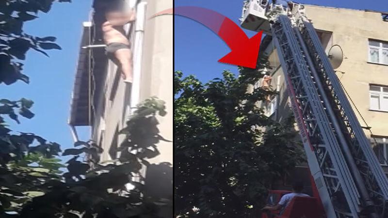 Gasptan kaçmak için yarı çıplak halde sarkan kişiyi itfaiye kurtardı